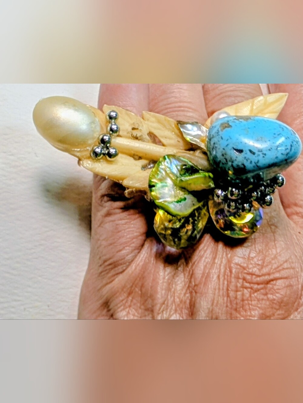 Wendy Gell ring turquoise bone and Swarovski jewels